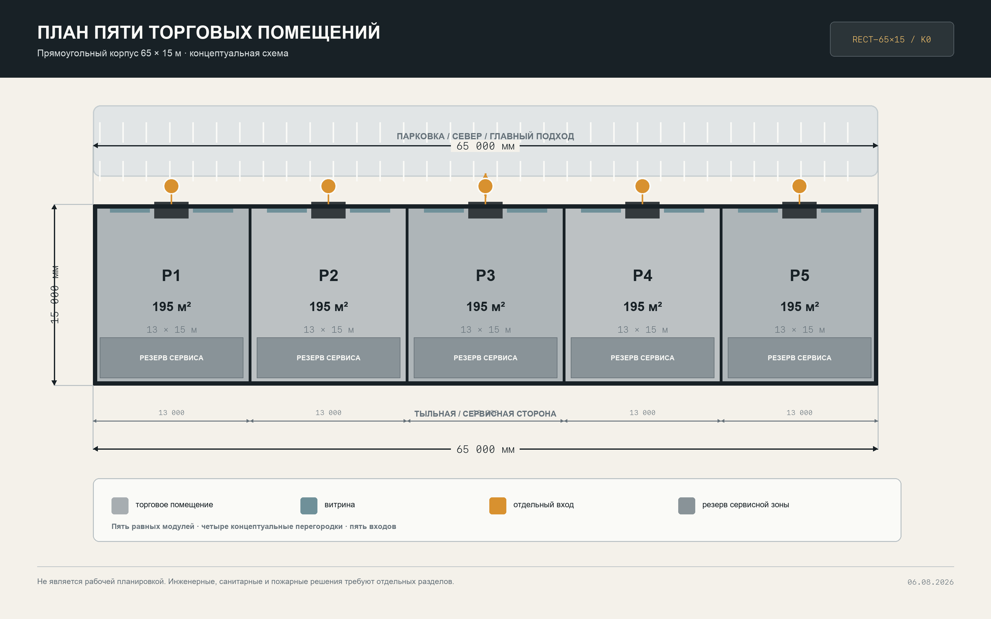 Размерный план прямоугольного корпуса 65 × 15 м