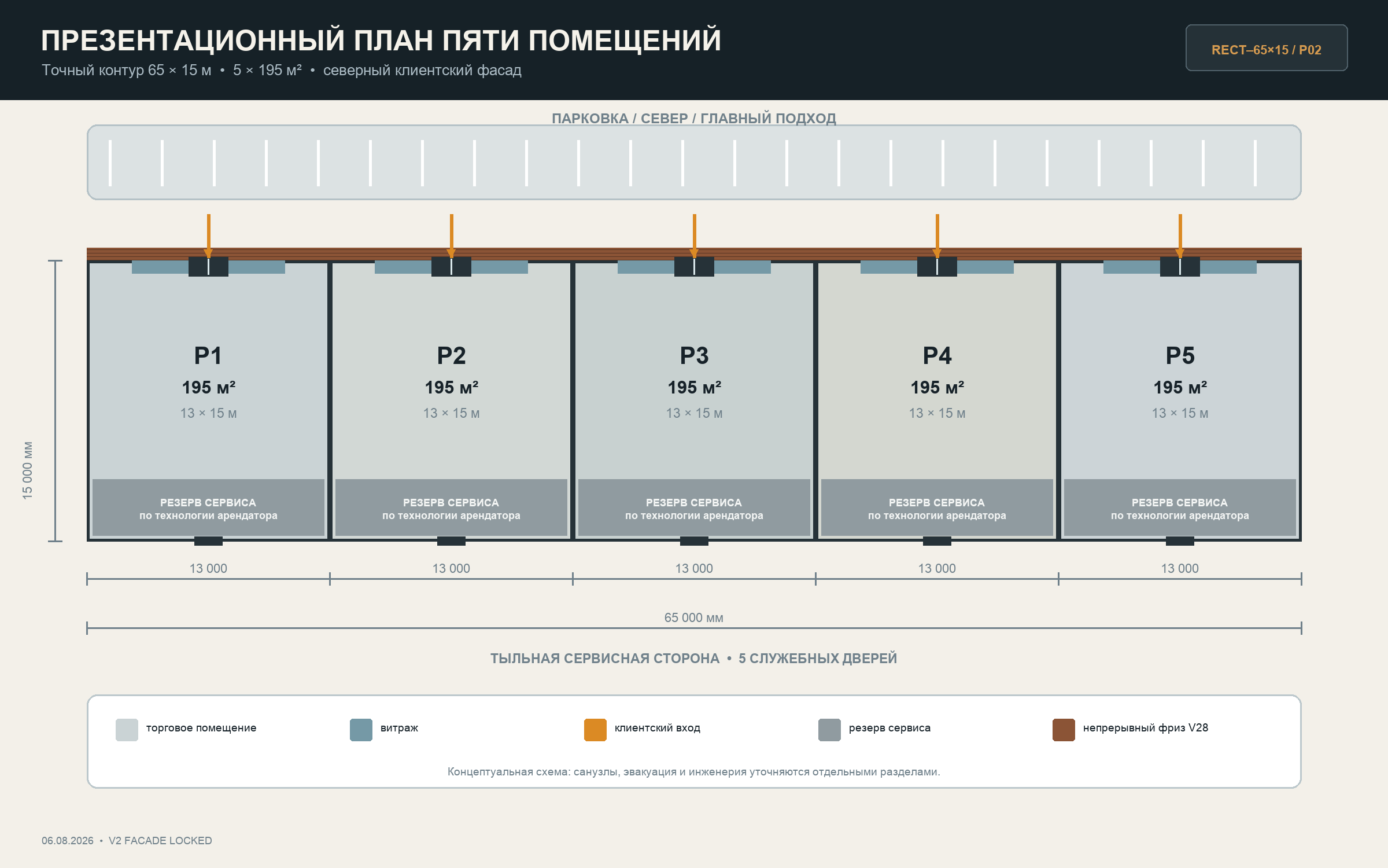 Презентационный план: пять равных помещений по 195 м²